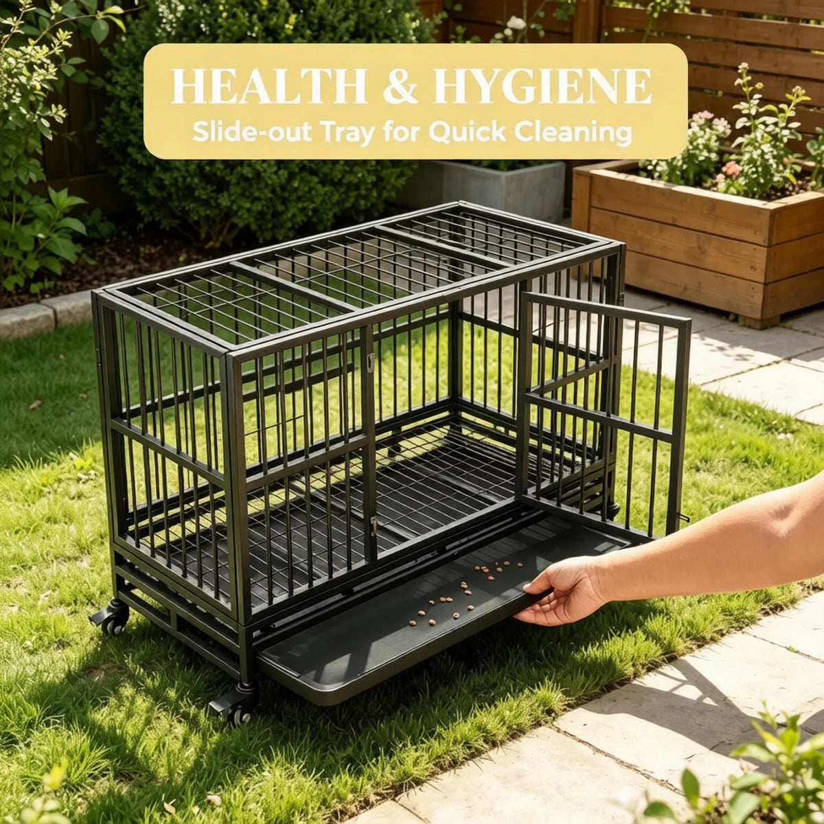 48 in Heavy-Duty Dog Crate with Locking Wheels – Double Door, Removable Tray, Gray – view 6