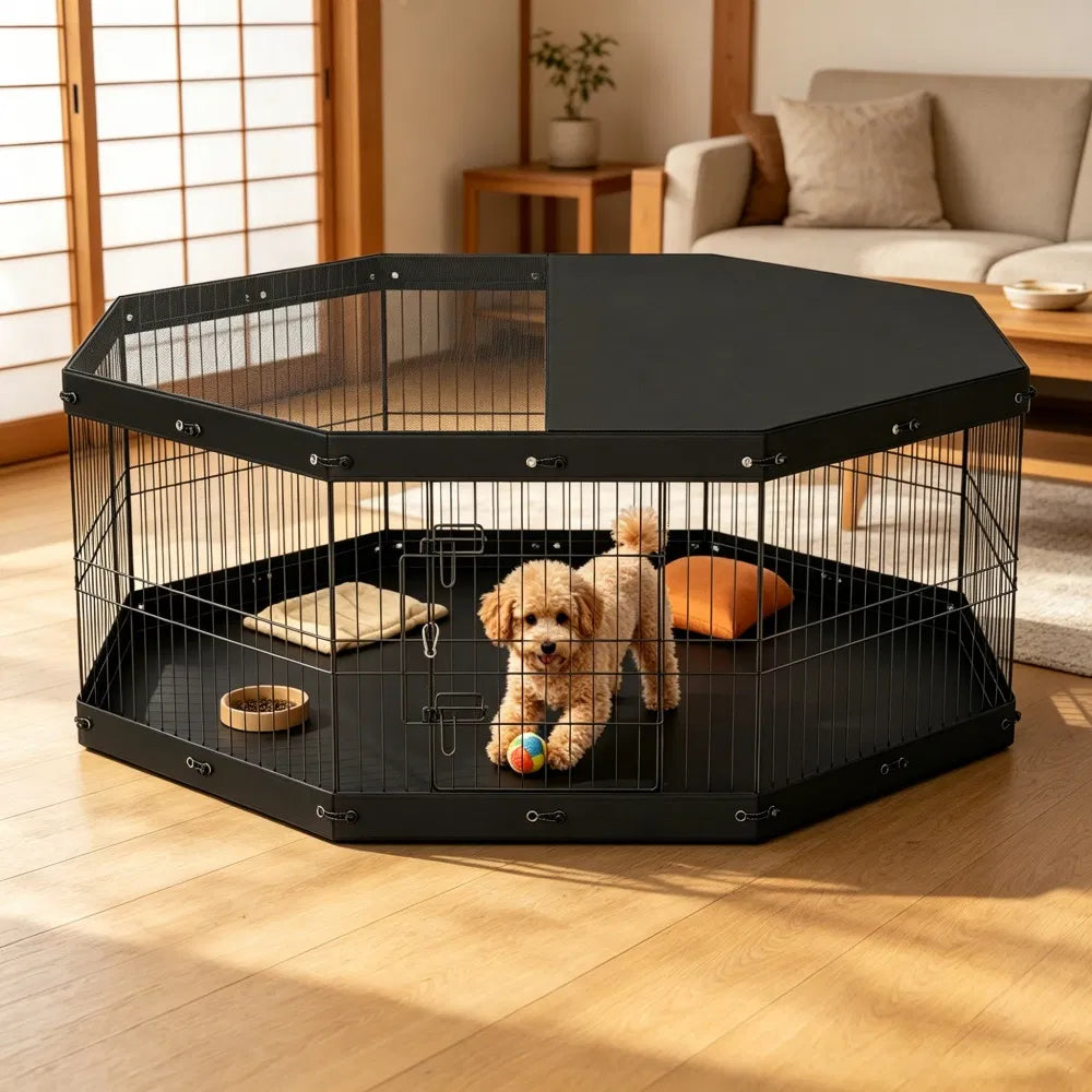 8-Panel Outdoor Dog Playpen with Top Cover &amp; Floor Mat – 24 in, Metal – view 4