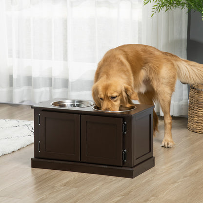 Raised Dog Feeder with Storage Cabinet and 2 Stainless Steel Bowls for Large Dogs, Coffee