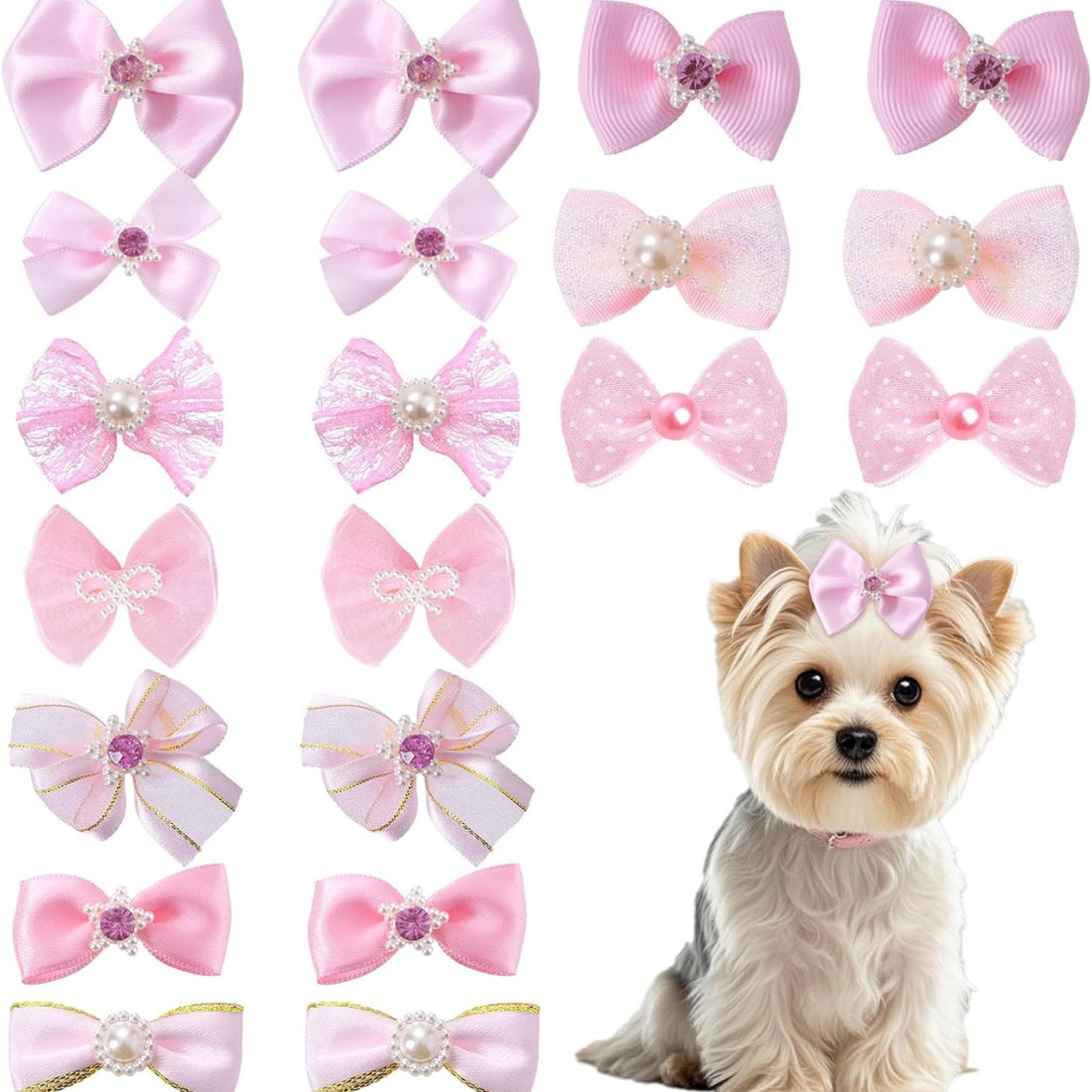 Pink Dog Hair Bows 20-Pack – Rhinestone &amp; Pearl Puppy Bows with Elastic Bands for Dogs &amp; Cats
