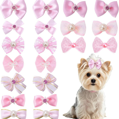 Pink Dog Hair Bows 20-Pack – Rhinestone &amp; Pearl Puppy Bows with Elastic Bands for Dogs &amp; Cats