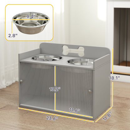 Elevated Dog Bowl Stand with Storage Cabinet, Acrylic Doors and Splash Guards for Large Dogs, Gray – view 3