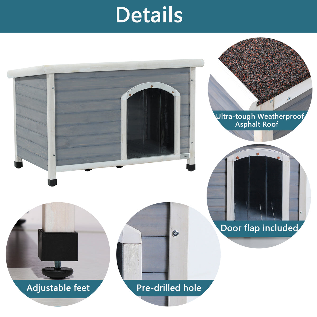 Medium Wooden Outdoor Dog House – Waterproof Asphalt Roof, Elevated Floor, Adjustable Feet, Gray – view 5
