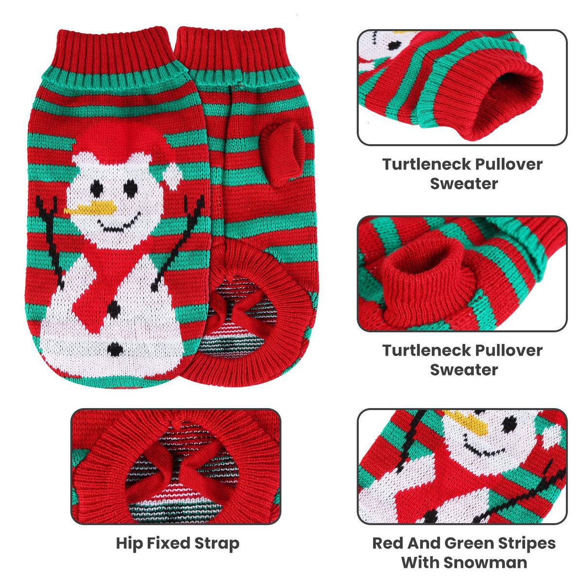 Christmas Turtleneck Pet Sweater with Snowman or Pom-Pom Stripes for Small Dogs &amp; Cats – view 7