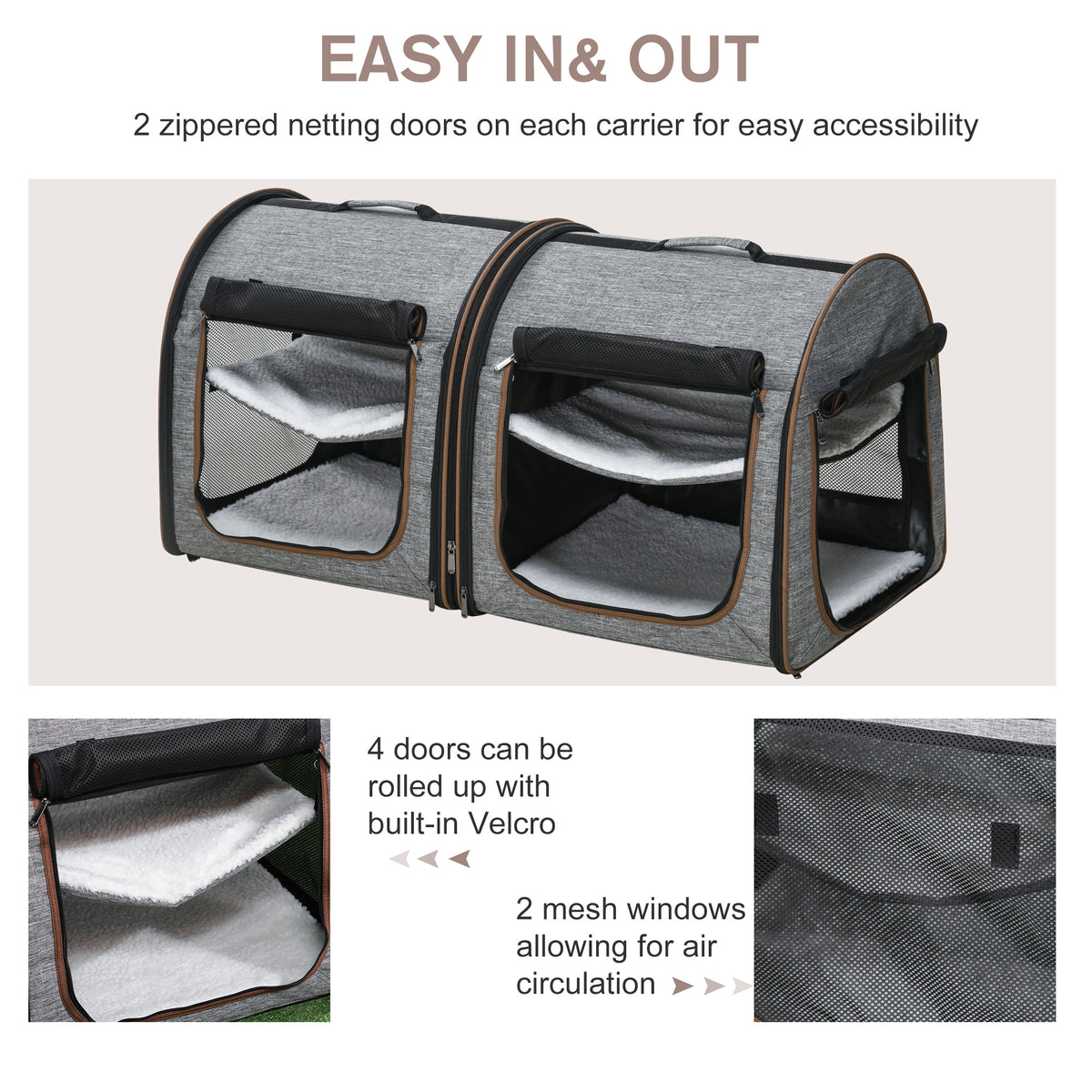 39" Double Cat Carrier with Divider – Foldable Soft-Sided Pet Crate, 2 Compartments, Light Gray – view 6