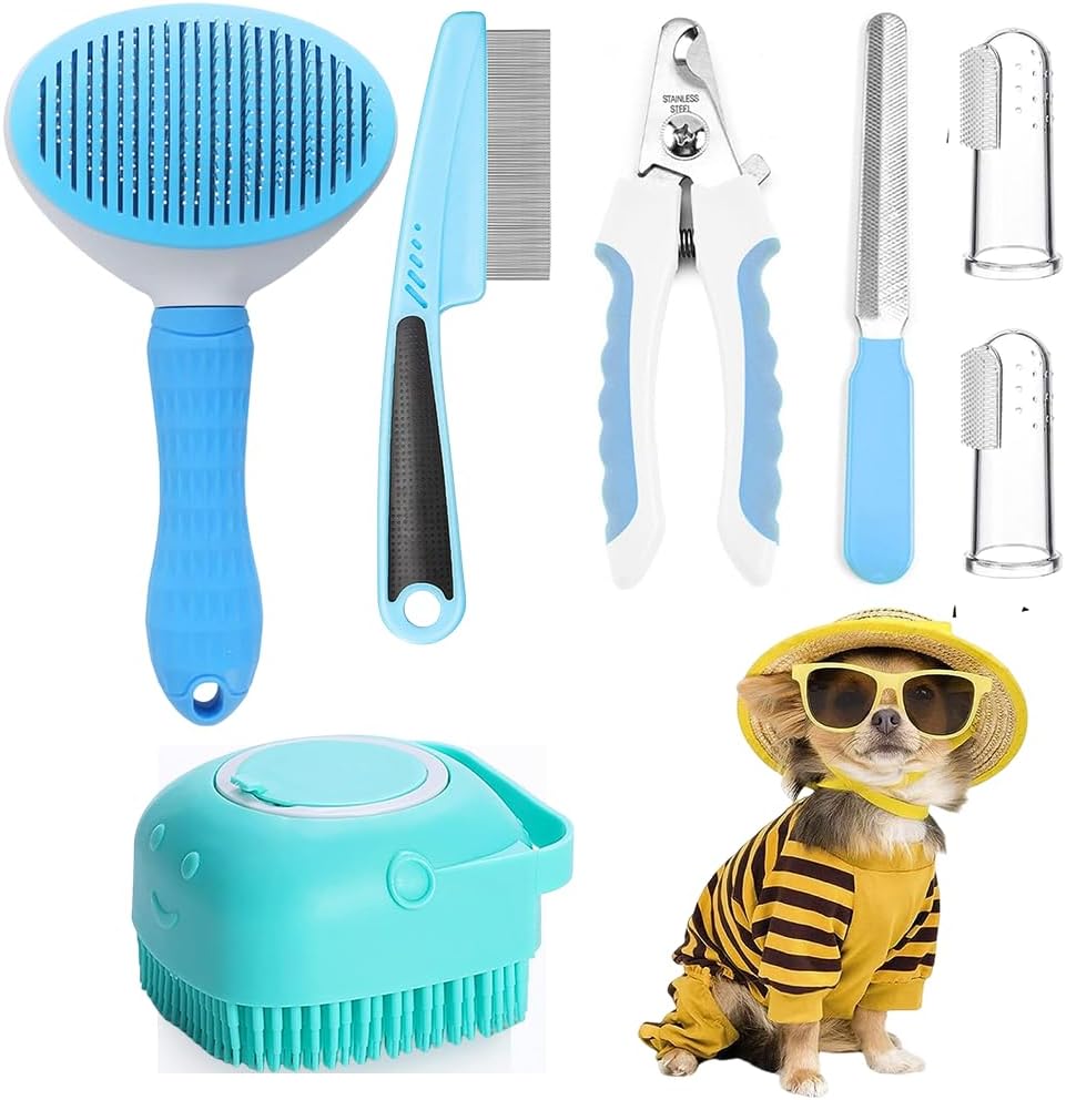 7-Piece Pet Grooming Kit – Self-Cleaning Slicker Brush, Flea Comb, Nail Clipper and Bath Brush