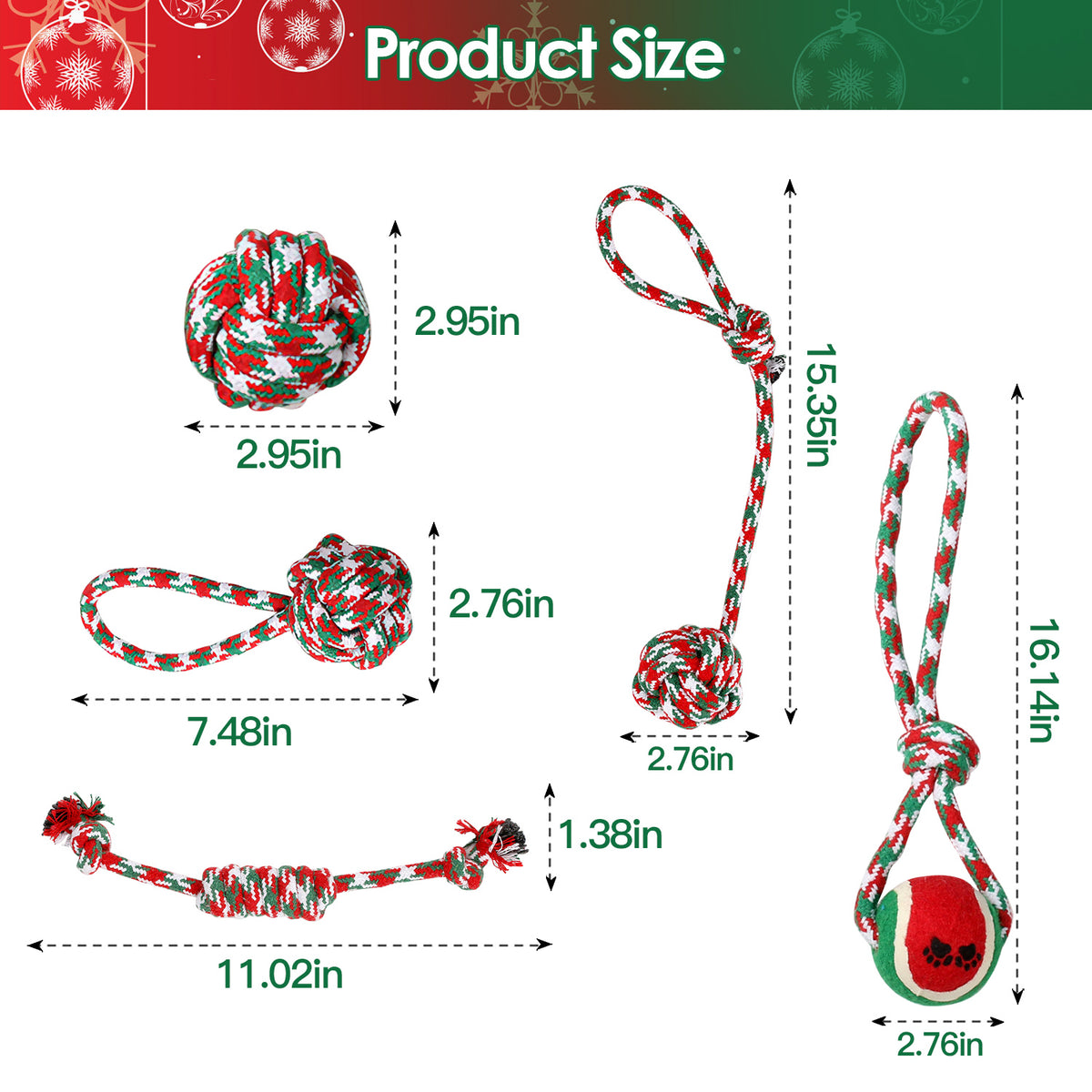 Christmas Rope Dog Chew Toys 5-Piece Set, Red, Green and White Cotton Knots and Ball – view 4