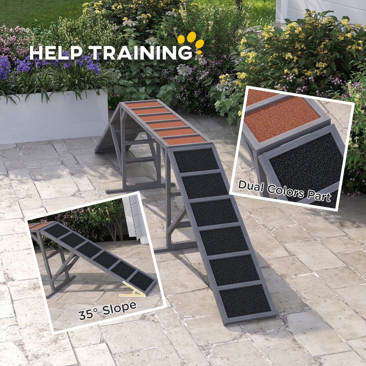 Wooden Dog Agility Ramp with Safety Bars and Anti-Slip Surface, 35° Slope, Gray – view 4