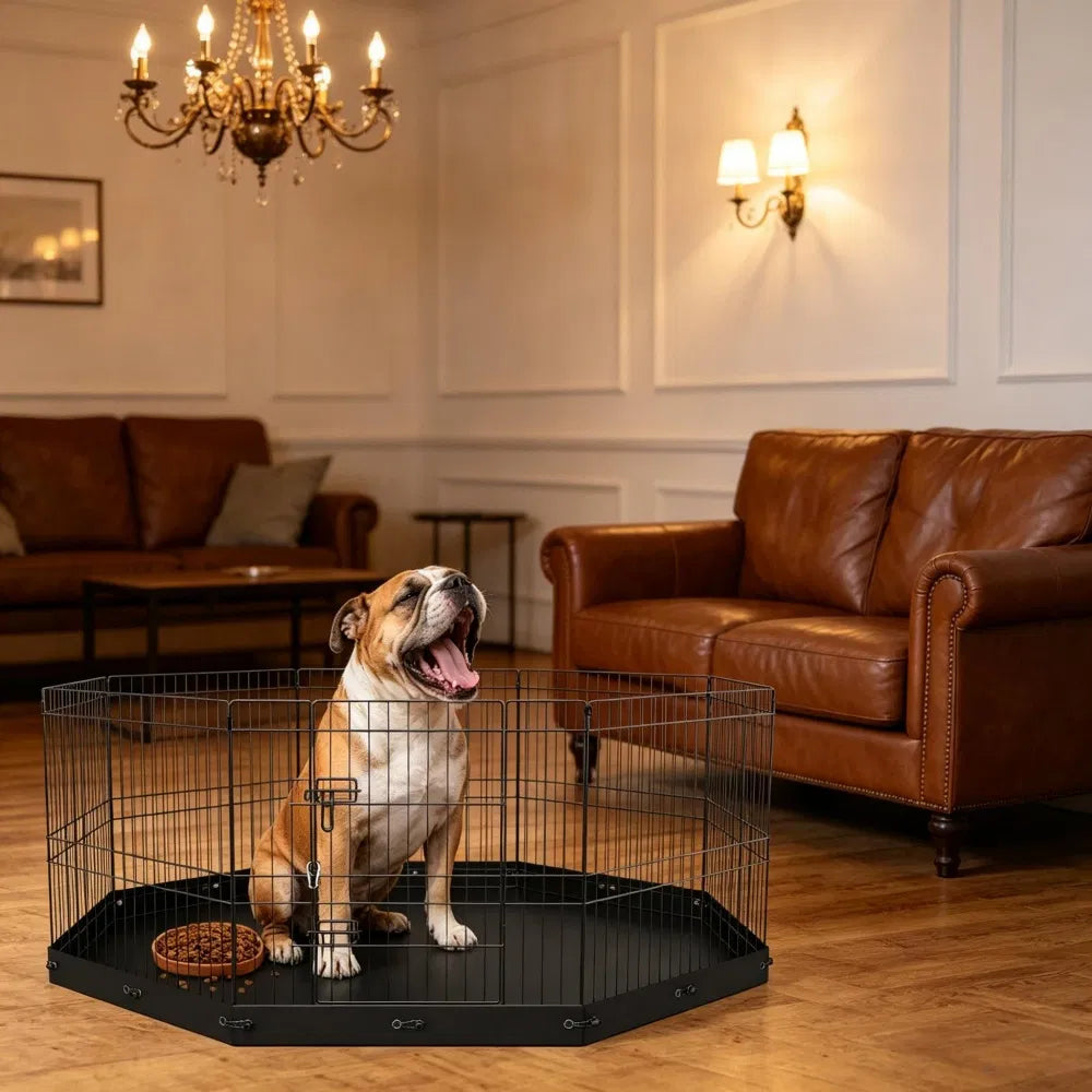 8-Panel Outdoor Dog Playpen with Floor Mat – 24 in, Metal