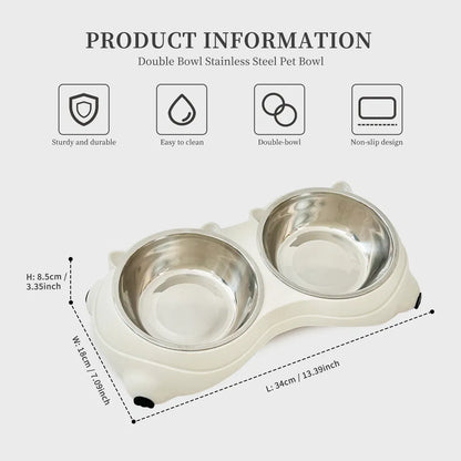 Double Stainless Steel Cat Food &amp; Water Bowl Set with Non-Slip Base, White, 600 ml Each – view 6