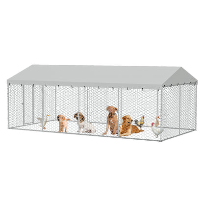 Large Outdoor Dog Kennel with Canopy – 10x20 Ft, Galvanized Steel, 18 Ground Stakes, Silver – view 4