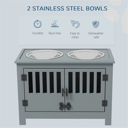 Elevated Dog Feeder Cabinet with 37 L Food Storage – 2 Stainless Steel Bowls – Gray