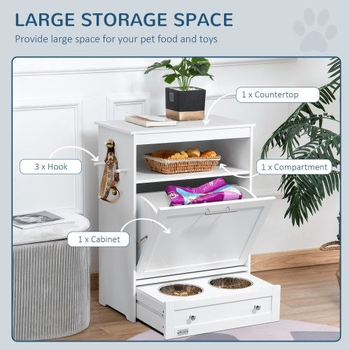 Pet Feeder Station Cabinet with Pull-Out Bowl Drawer, Storage Shelves &amp; Hooks – White – view 8