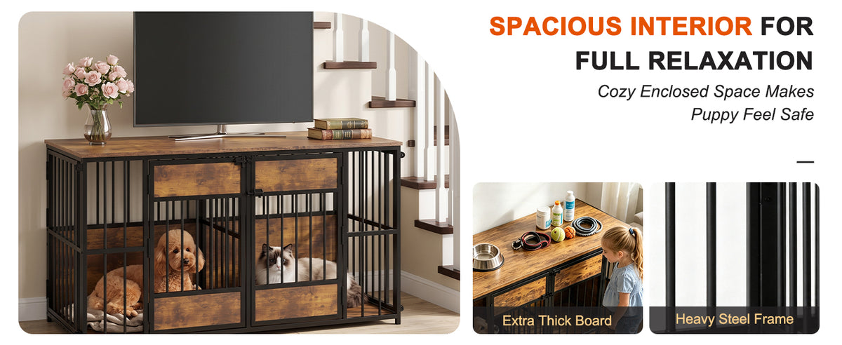 Wooden Dog Crate Furniture – Large Indoor Kennel with Tabletop, Metal Bars, Antique Brown – view 6