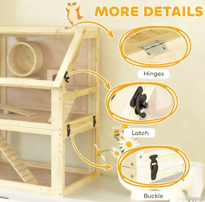 3-Tier Wooden Hamster Cage with Acrylic Panels, Exercise Wheel, Seesaw, Ramps and Hut – view 4