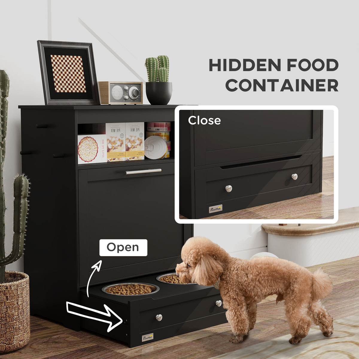 Pet Feeder Storage Cabinet with Pull-Out Bowl Drawer, Shelf &amp; Leash Hooks, Black – view 6
