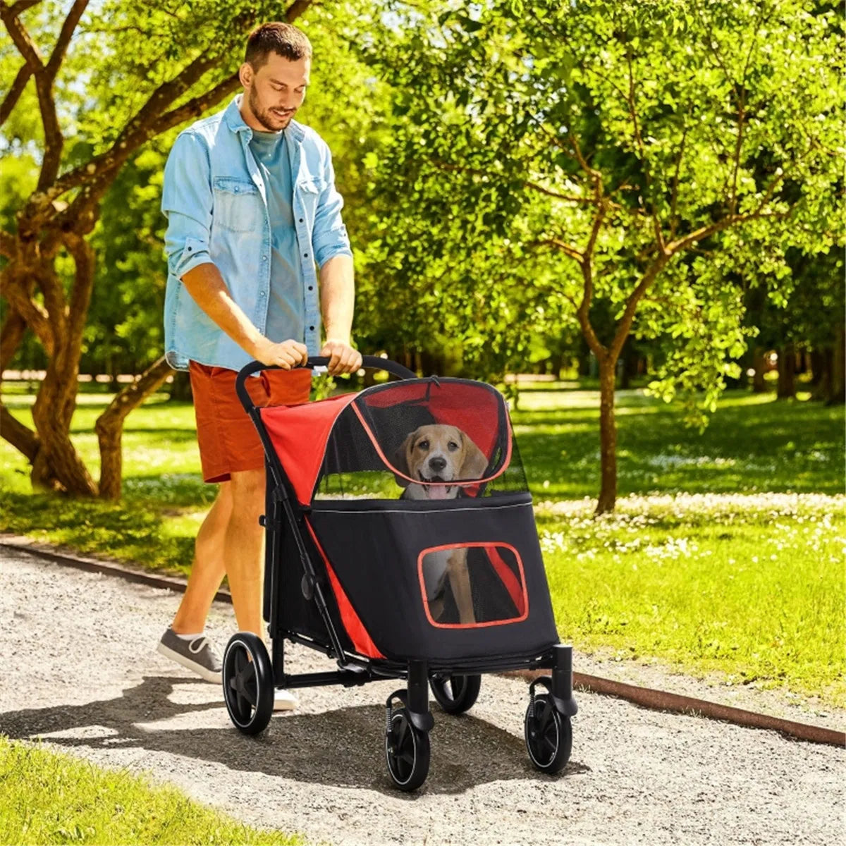 Foldable Dog Stroller for Medium &amp; Large Dogs – One-Step Fold, Shock Absorbers, Up to 66 lbs, Black/Red – view 7