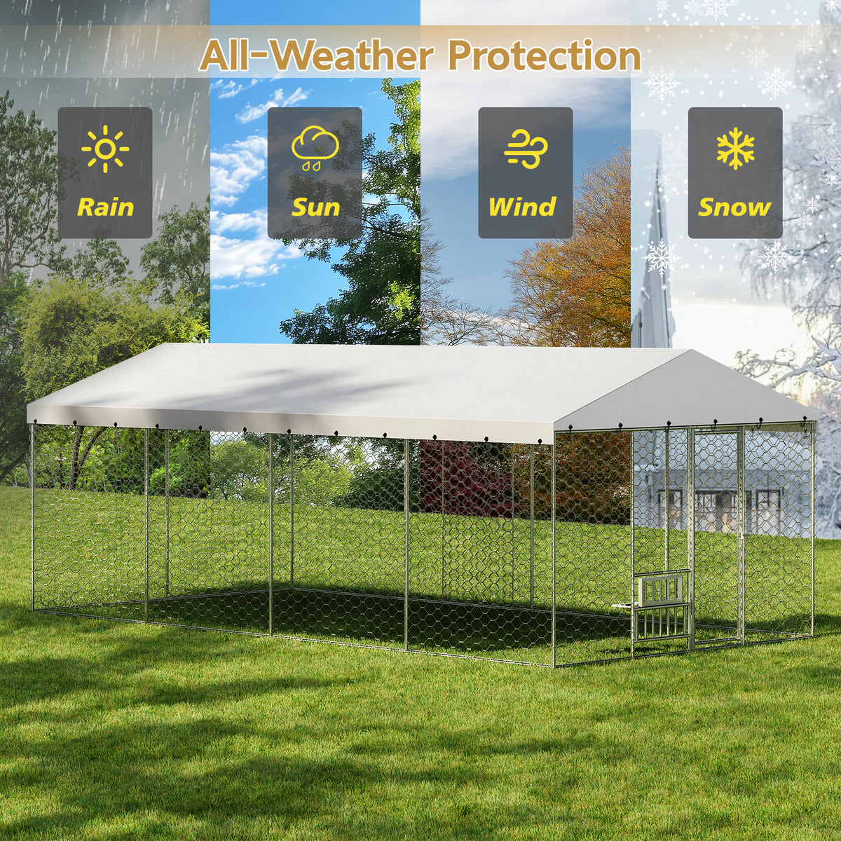 Large Outdoor Dog Kennel with Canopy – 20x10 Ft, Galvanized Steel, Elevated Feeding Bowls, Silver – view 5