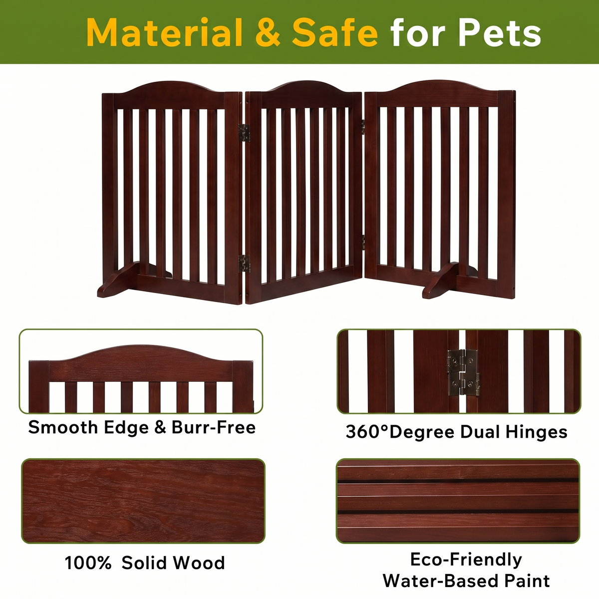 Freestanding Wooden Dog Gate – 3-Panel Foldable Step-Over Pet Fence, No Assembly, 24 in, Brown – view 5