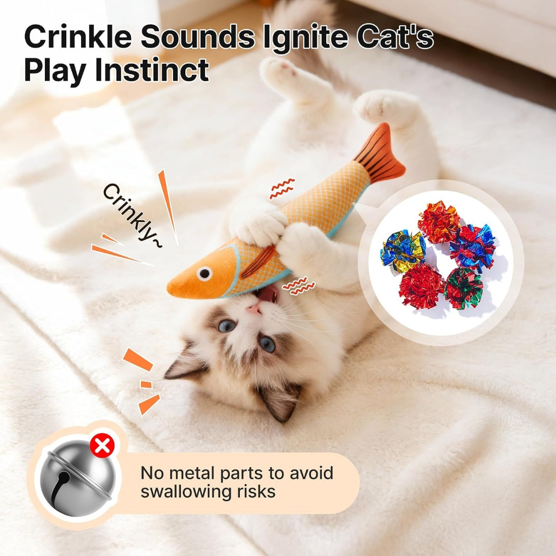 Catnip Saury Fish Kicker Cat Toys – 3 Pack, Soft Plush with Crinkle Sound – view 2