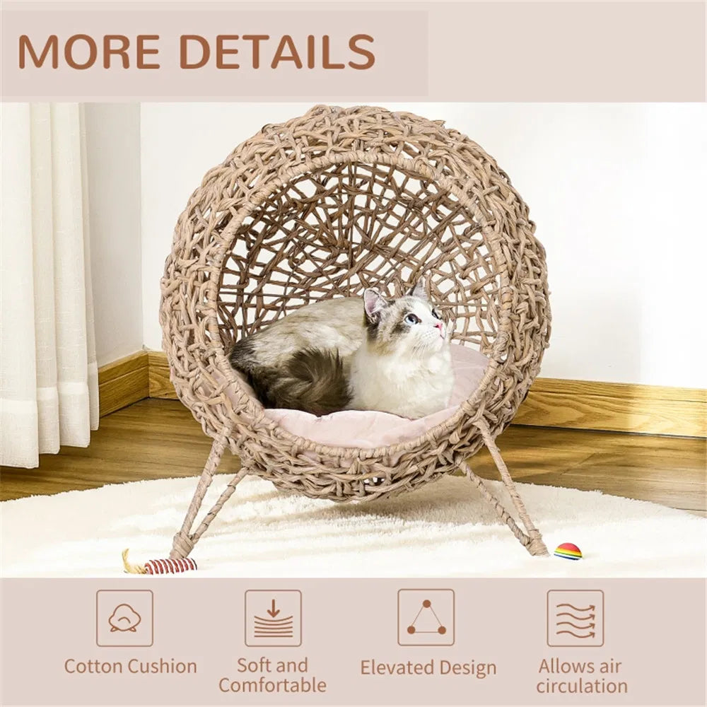 Elevated Wicker Cat House with Cushion – Hand-Woven Water Hyacinth Cat Bed, Natural