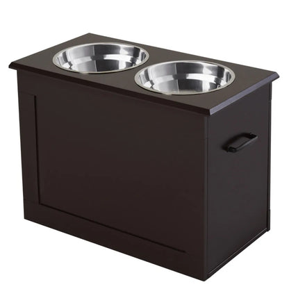 Raised Dog Feeder Stand with Storage &amp; 2 Stainless Steel Bowls for Large Dogs, Dark Brown – view 4