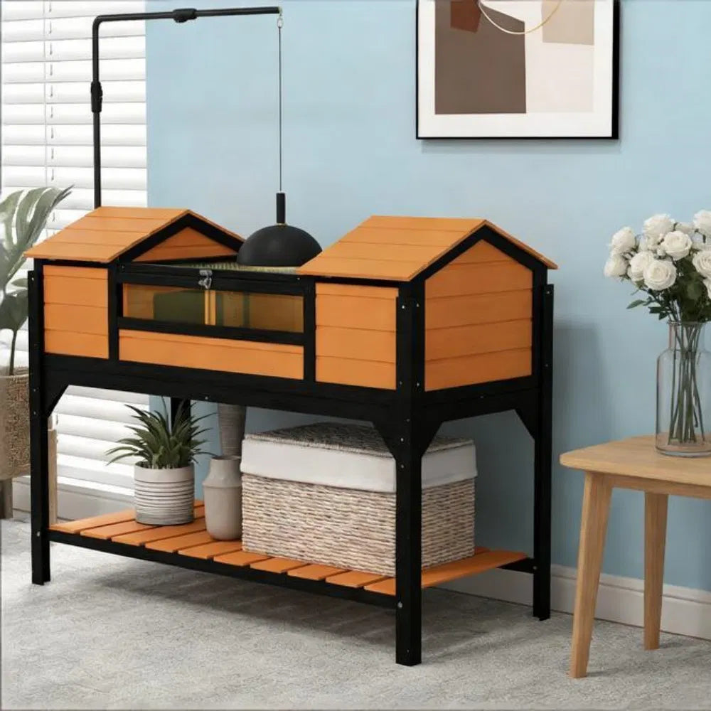 Wooden Tortoise House with Dual Hide Boxes, Divided Run &amp; Lamp Holder, Yellow and Black – view 3