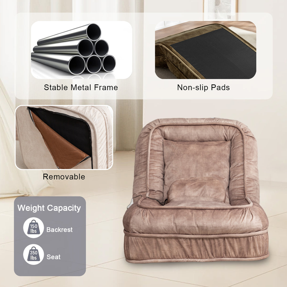 Human-Size Dog Bed Floor Sofa – 5-Position Adjustable Backrest, Velvet, 2 Soft Pillows, Brown – view 3