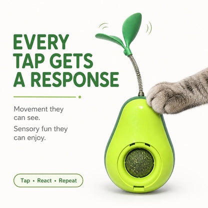 Avocado-Shaped Cat Tumbler Toy with Spring Feather Teaser and Removable Catnip Ball