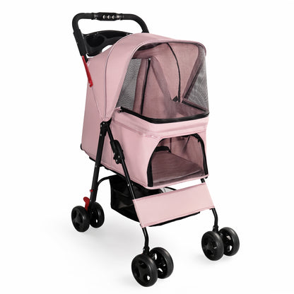 Foldable Pet Stroller for Small Dogs and Cats – One-Hand Fold, Tray, Storage Basket, Pink – view 2