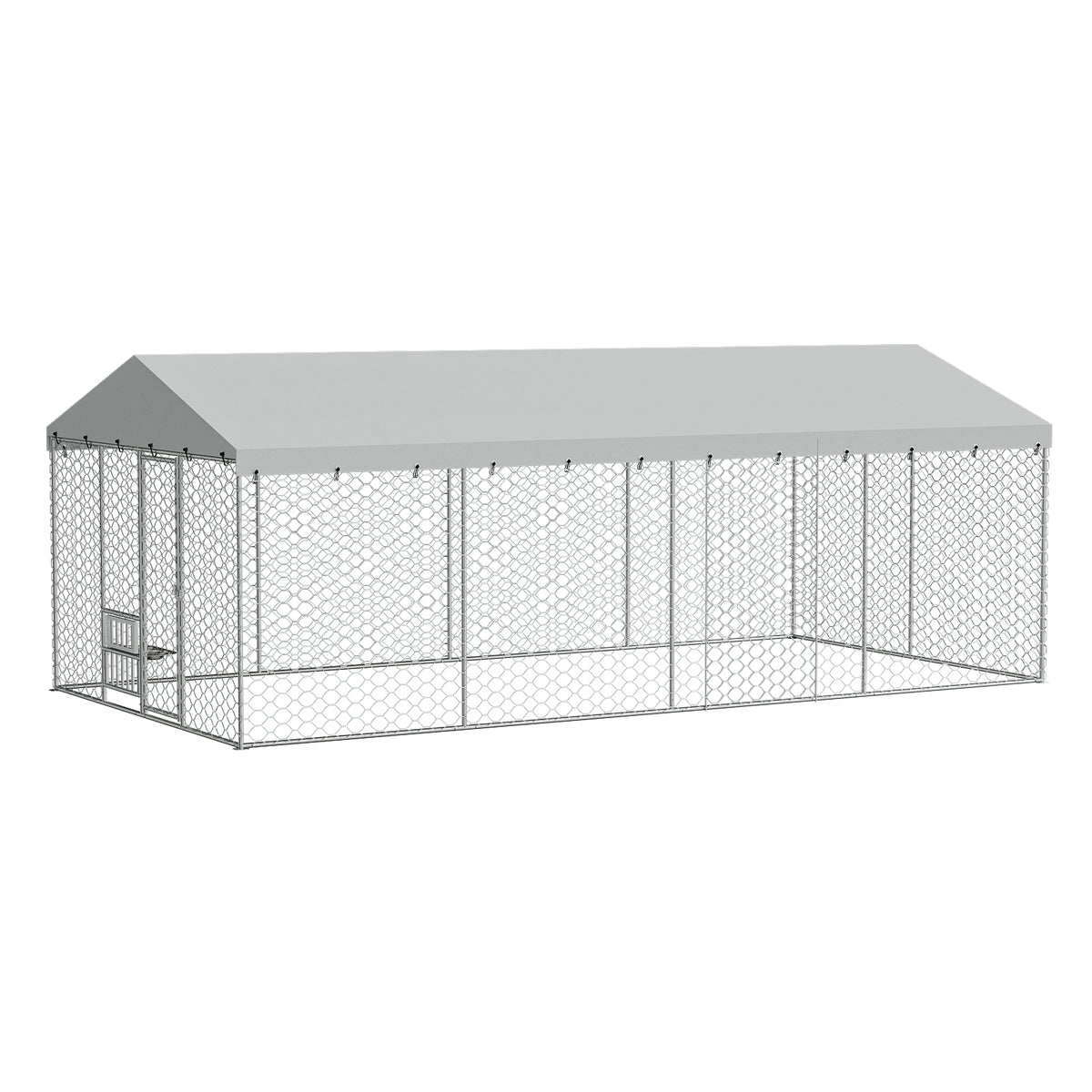 Large Outdoor Dog Kennel with Canopy – 20x10 Ft, Galvanized Steel, Elevated Feeding Bowls, Silver – view 3
