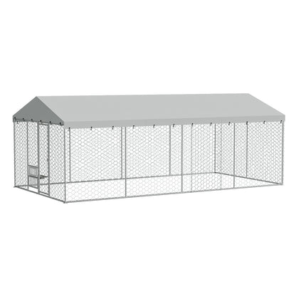 Large Outdoor Dog Kennel with Canopy – 20x10 Ft, Galvanized Steel, Elevated Feeding Bowls, Silver – view 3