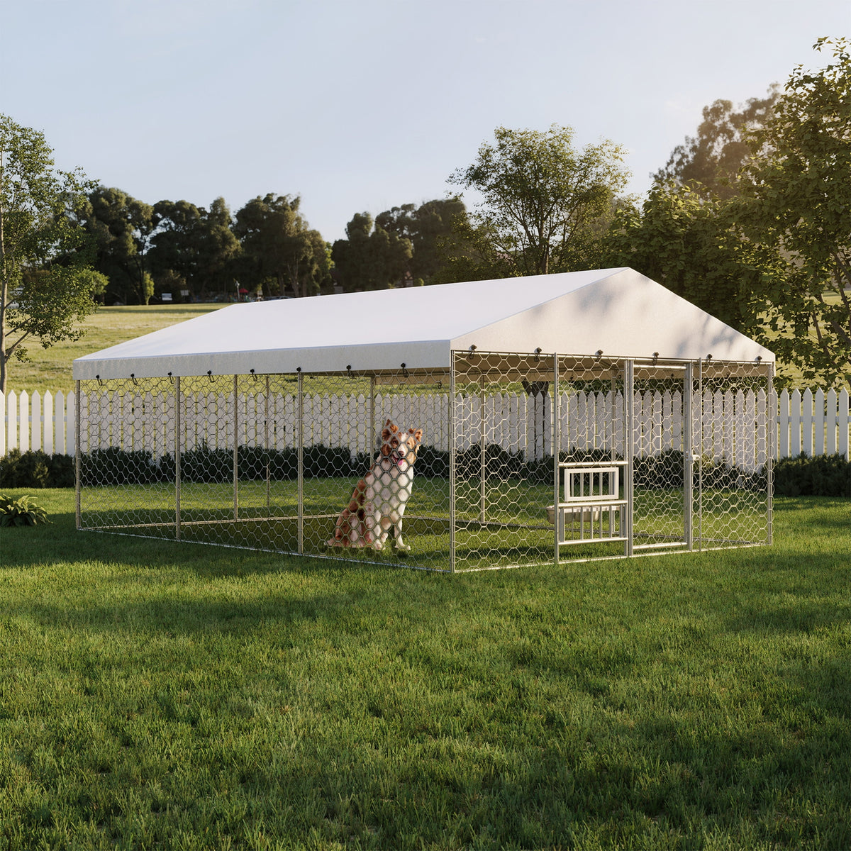 15 x 10 ft Large Outdoor Dog Kennel with Canopy – Galvanized Steel, 2 Raised Bowls