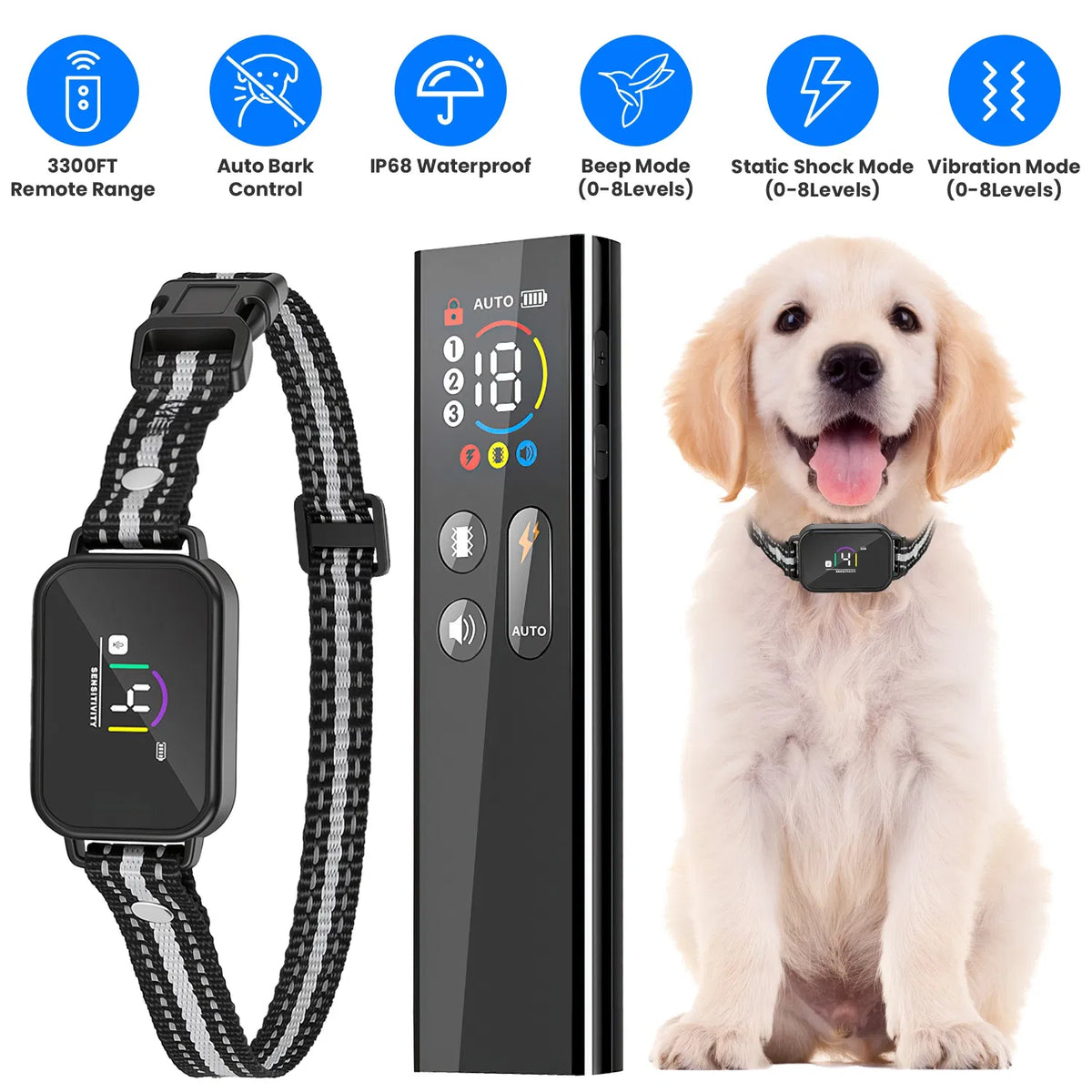 2-in-1 Dog Training &amp; Anti-Bark Collar with Remote – 3300 ft, IP68, Color Screen, 1 or 2 Collars
