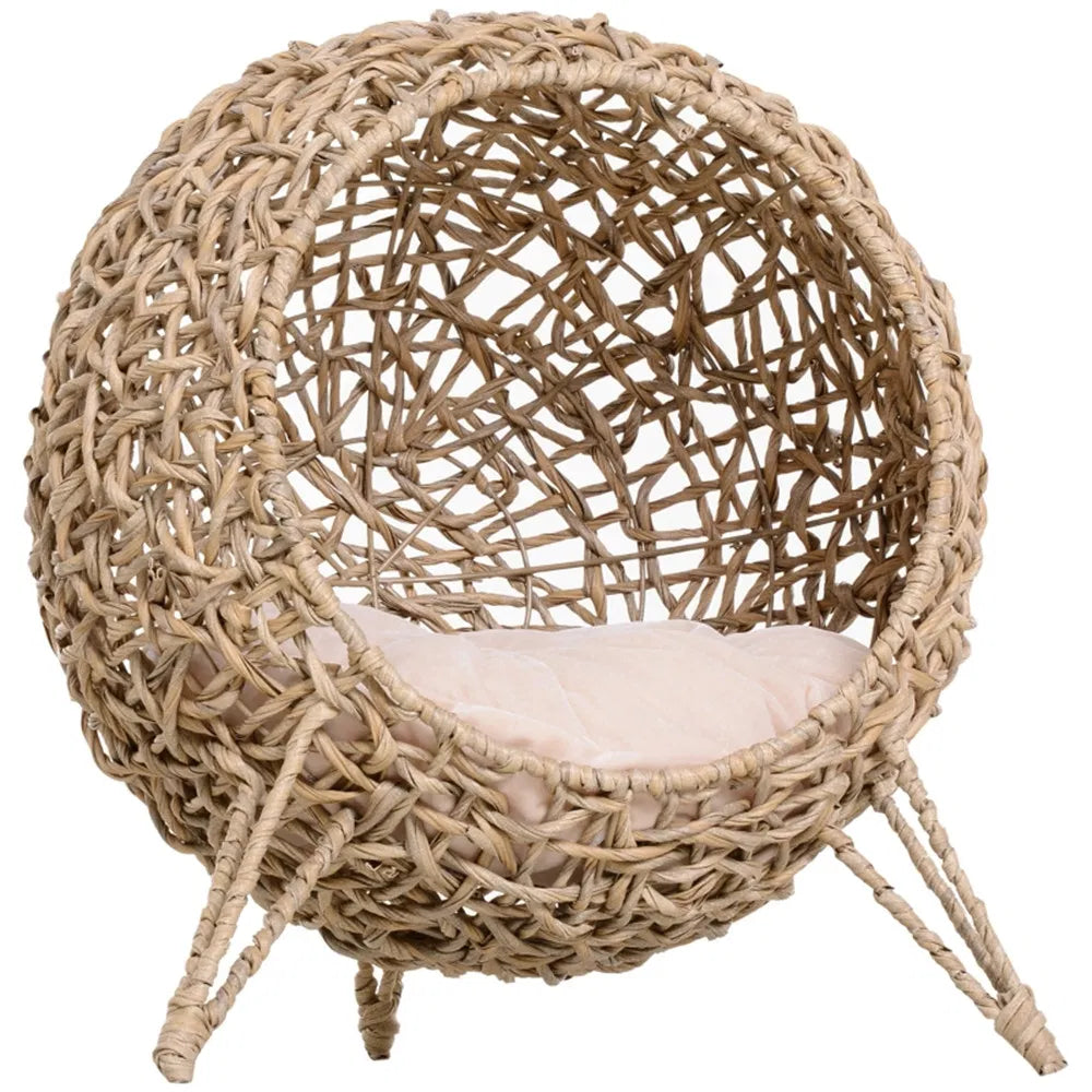 Elevated Wicker Cat House with Cushion – Hand-Woven Water Hyacinth Cat Bed, Natural – view 6