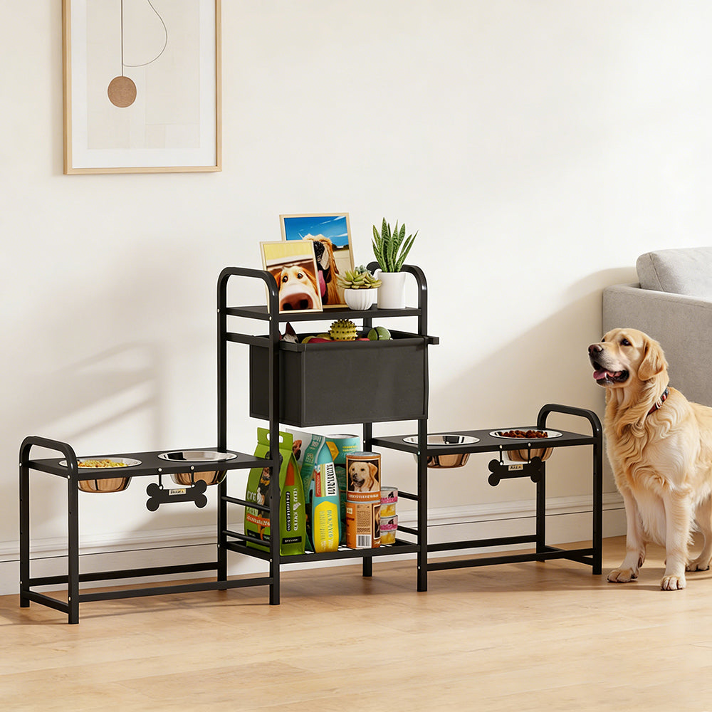 Adjustable Elevated Dog Feeding Station with 4 Stainless Steel Bowls, Drawer &amp; Shelves