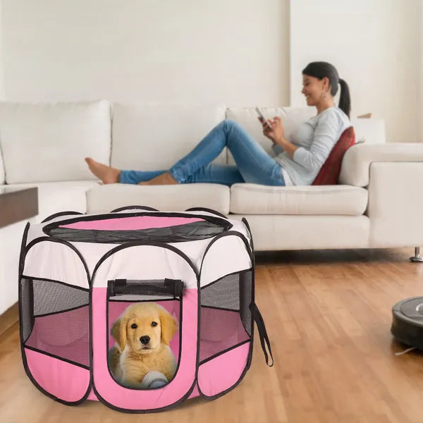 Portable Foldable Pet Playpen – 8-Panel Mesh Pen with Zip Top &amp; Bottom, Pink – view 2