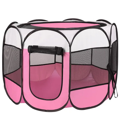 Portable Foldable Pet Playpen – 8-Panel Mesh Pen with Zip Top &amp; Bottom, Pink