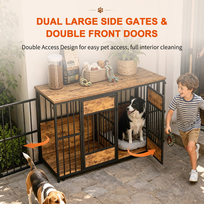 Wooden Dog Crate Furniture – Large Indoor Kennel with Tabletop, Metal Bars, Antique Brown – view 8