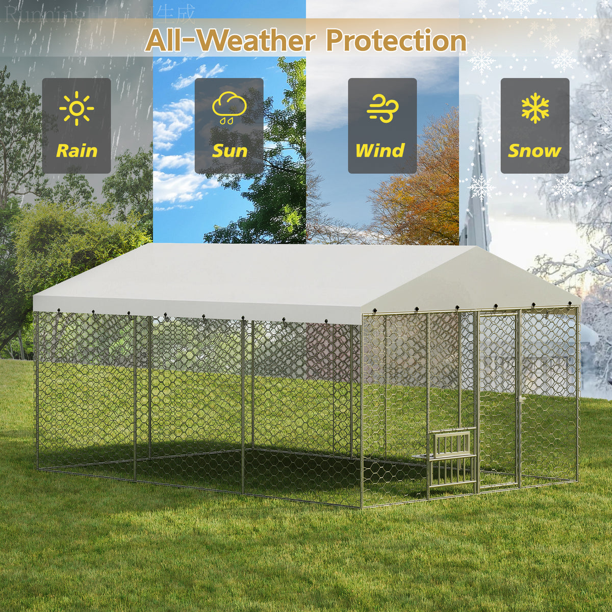 Large Outdoor Dog Kennel with Canopy – Galvanized Steel, Waterproof Roof, Feeding Bowls, 15 x 10 Ft – view 7