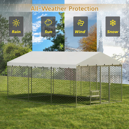 Large Outdoor Dog Kennel with Canopy – Galvanized Steel, Waterproof Roof, Feeding Bowls, 15 x 10 Ft – view 7