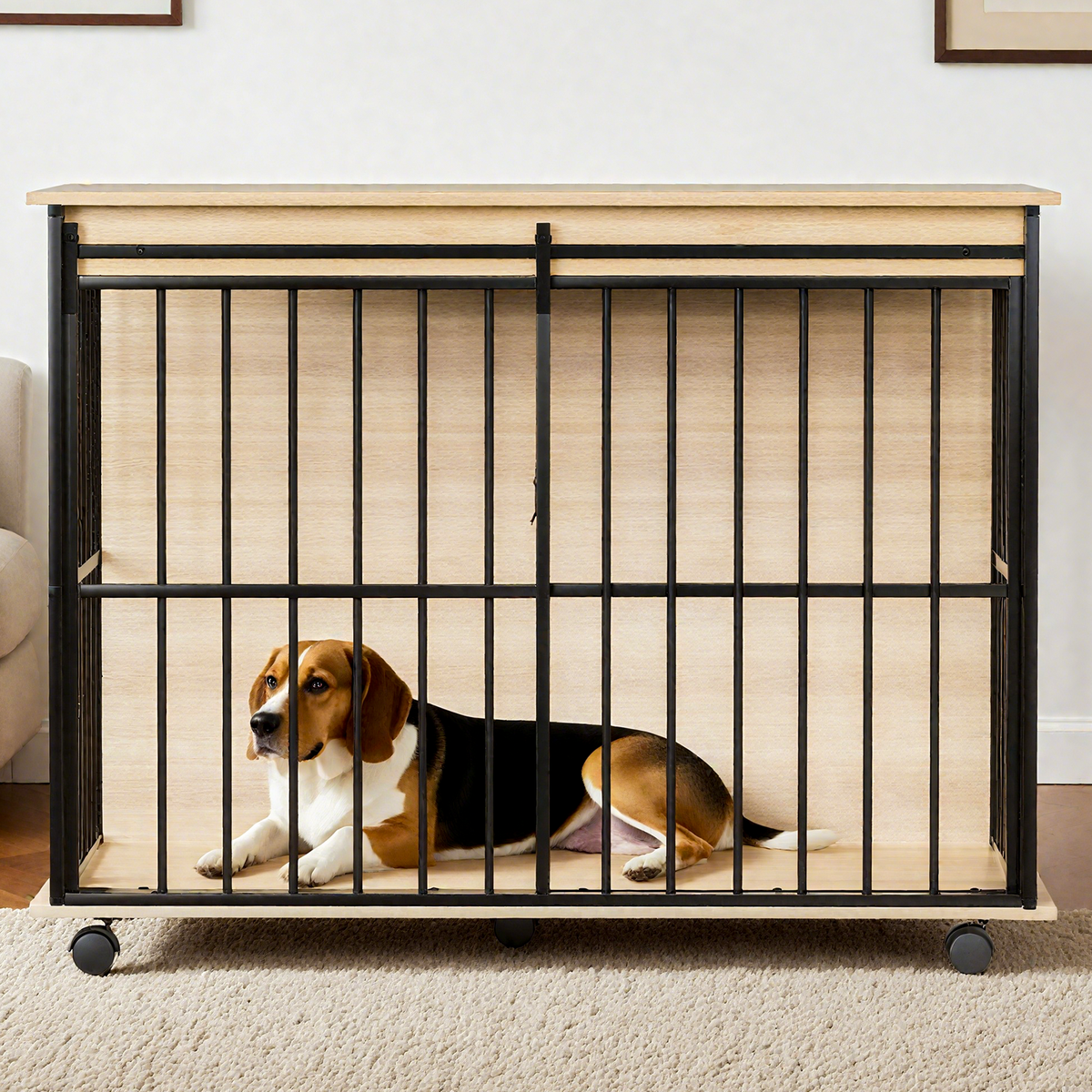 Wooden Dog Crate Furniture – Large Kennel End Table with Sliding Door and Tray, Black and Natural – view 2