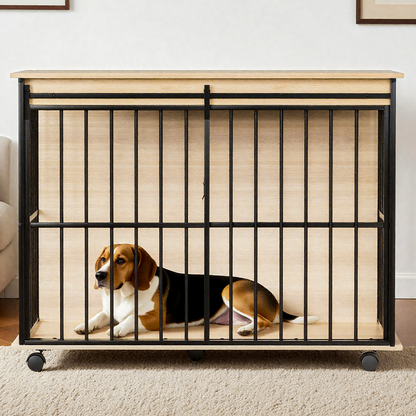 Wooden Dog Crate Furniture – Large Kennel End Table with Sliding Door and Tray, Black and Natural – view 2
