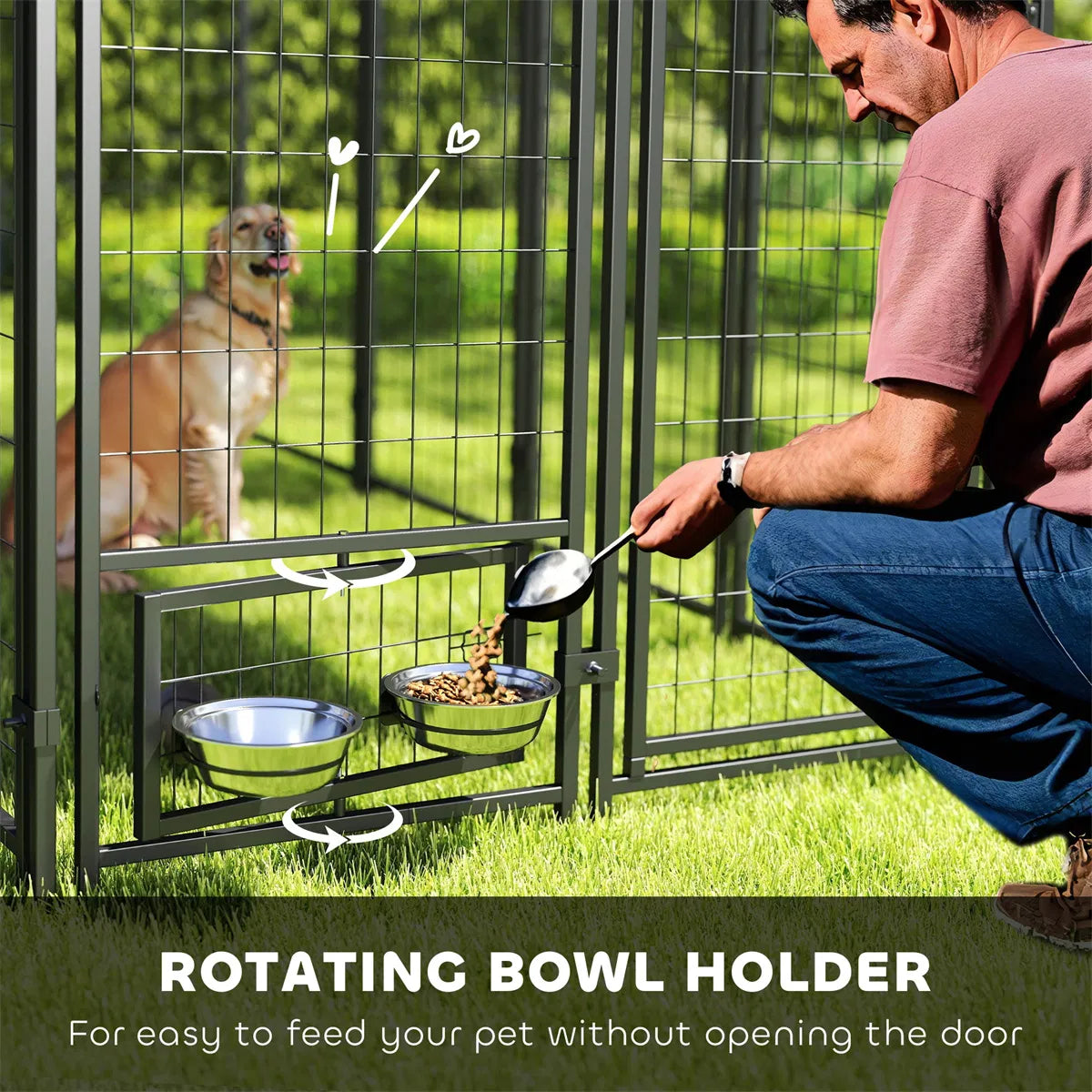 Large Outdoor Dog Kennel with Roof Cover – 30 sq ft, 12 Wire Panels, Rotating Bowl Holders, Red – view 5