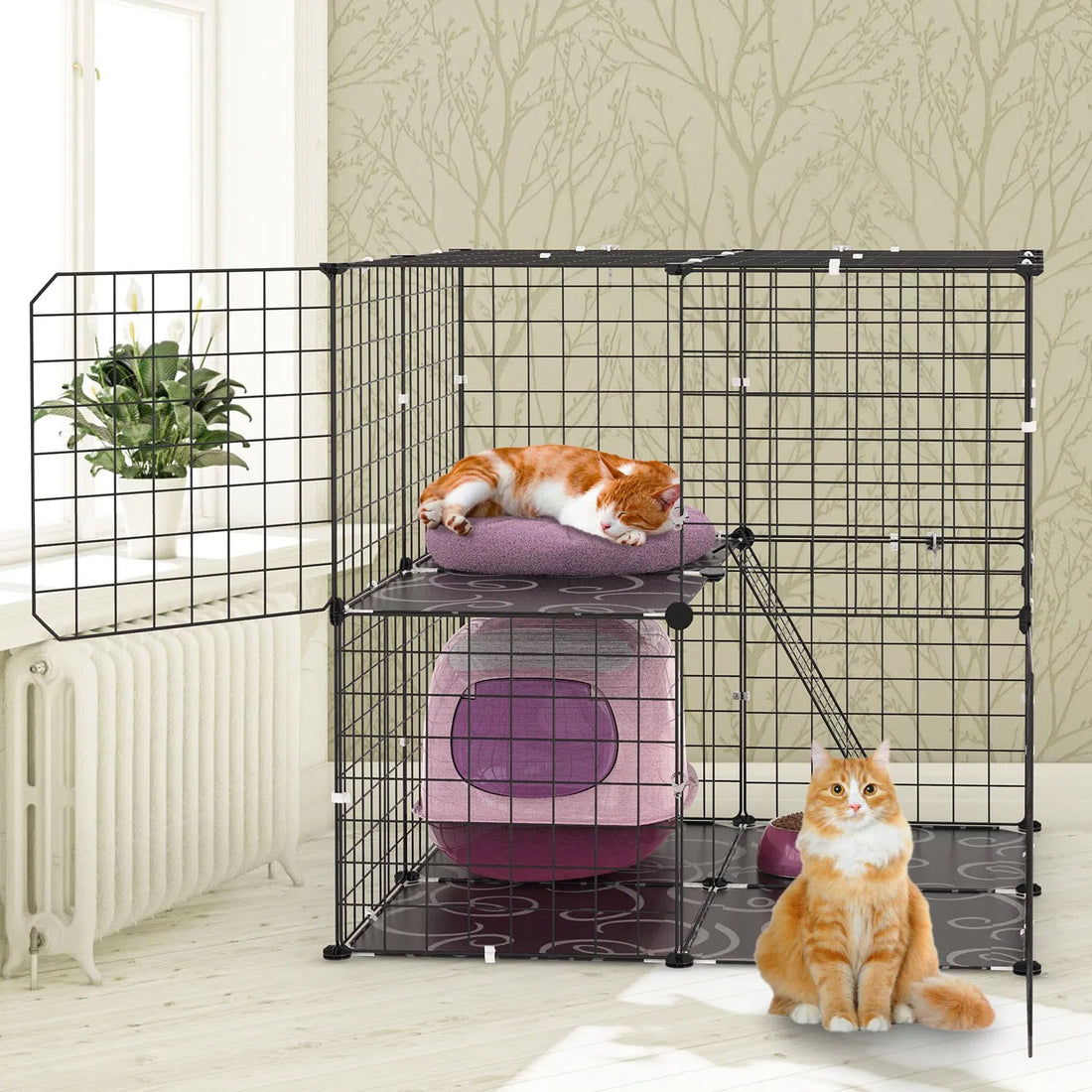2-Tier Cat Cage Playpen – Indoor Iron Mesh Kennel with Ladder and 2 Doors, 28 x 28 x 28 in, Black