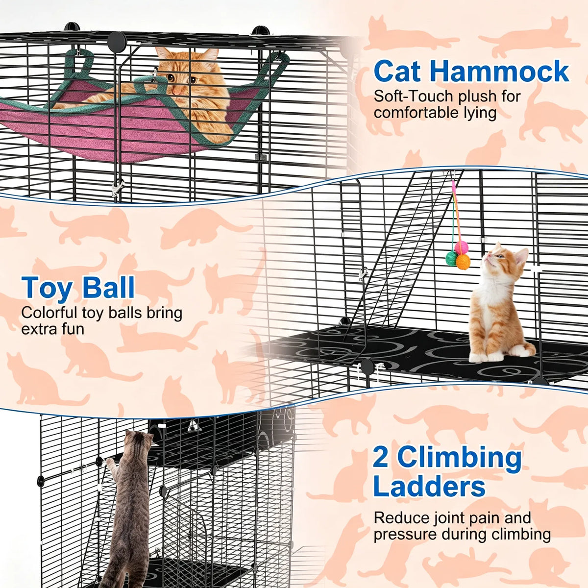 3-Tier Black Metal Cat Cage with 3 Doors, 2 Ladders, Plush Hammock and Toy Ball – view 3