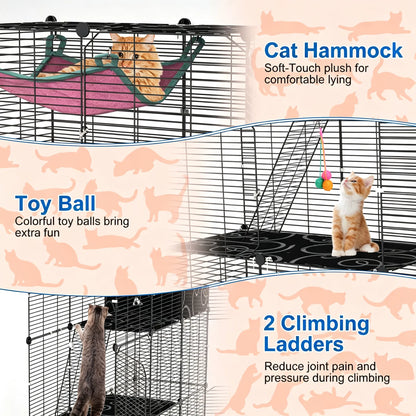 3-Tier Black Metal Cat Cage with 3 Doors, 2 Ladders, Plush Hammock and Toy Ball – view 3