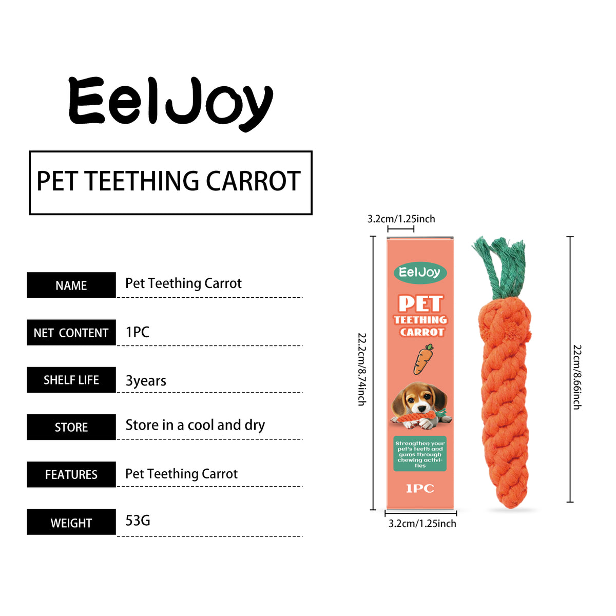 Braided Cotton Rope Carrot Chew Toy for Teething Puppies and Small to Medium Dogs – view 7