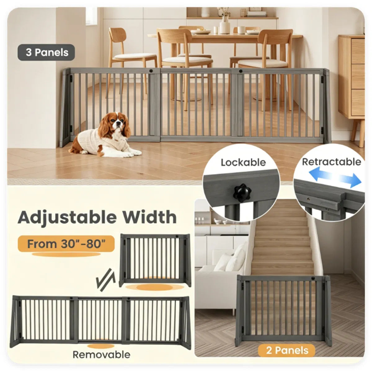 Expandable Wooden Pet Gate – 22 in Tall, Freestanding, 28–80 in Wide, Gray – view 9