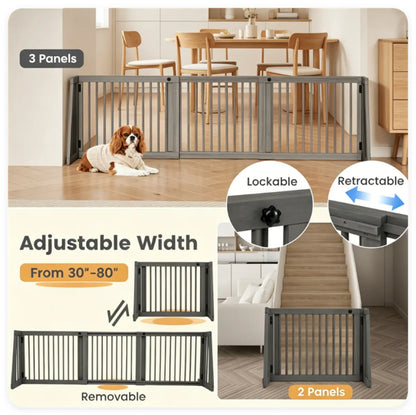 Expandable Wooden Pet Gate – 22 in Tall, Freestanding, 28–80 in Wide, Gray – view 9